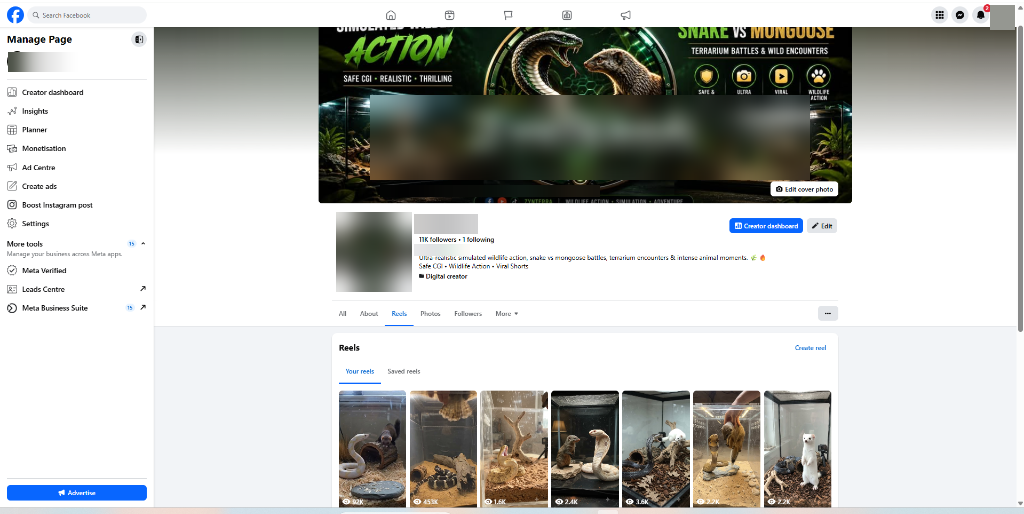 Facebook Reels page for simulated wildlife action with 11K followers and reels up to 697K views